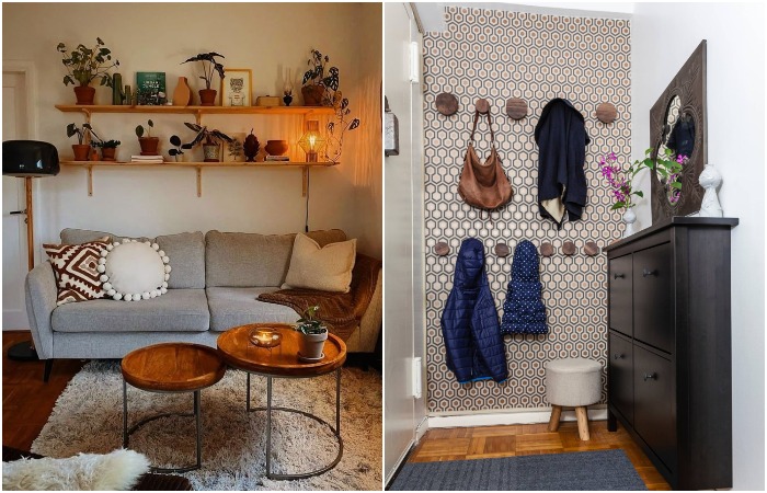 Повесьте полки над диваном и крючки в прихожей