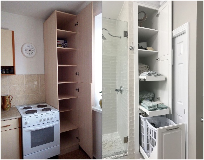 Узкий шкаф будет уместен и в ванной, и на кухне