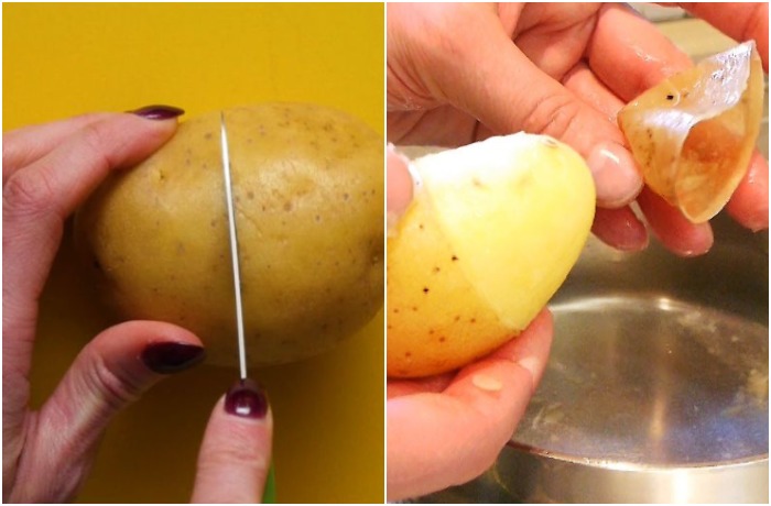 Сделайте круговой надрез на картофеле, чтобы легче было снимать кожуру