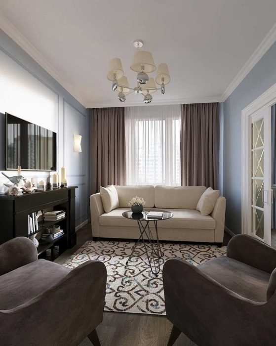 Поставьте диван вдоль короткой стены в гостиной. / Фото: mebel-gu.ru