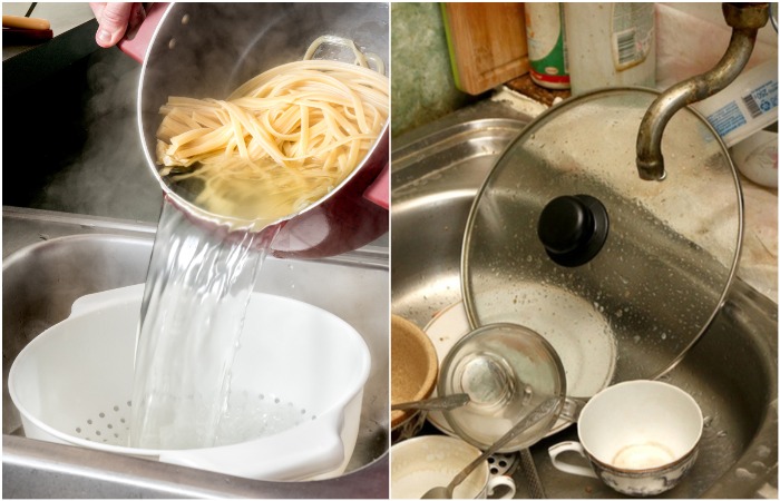 Залейте тарелки водой из-под макарон