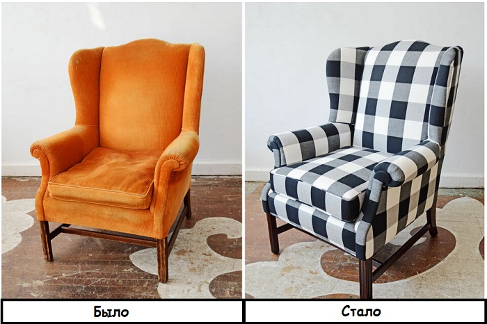 Кресло до и после замены обивки. / Фото: berkem.ru