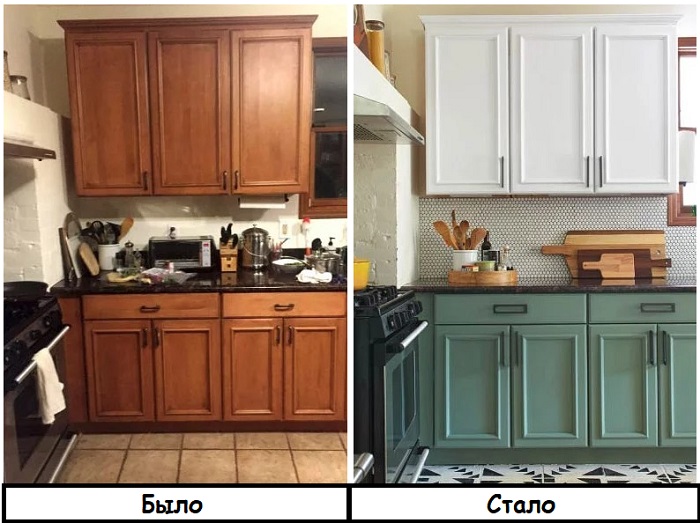 Кухонный гарнитур до и после покраски. / Фото: severdv.ru
