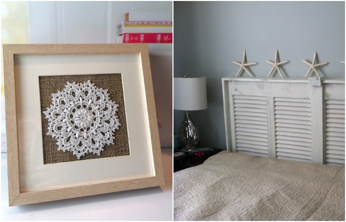 Кружево в рамке и изголовье из дверцы старого шкафа