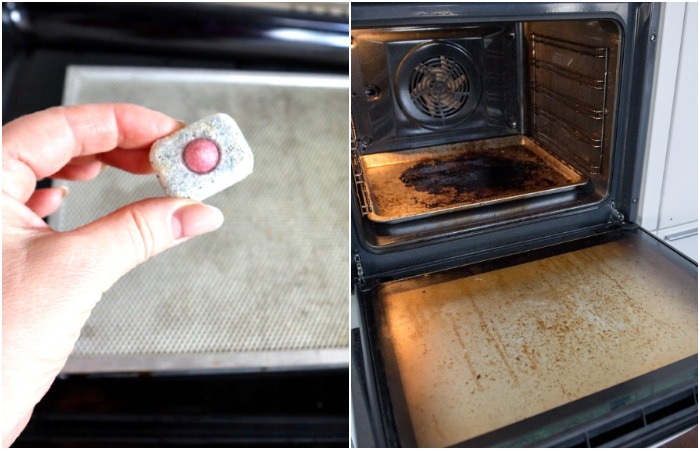 Таблеткой можно очистить дверцу духовки