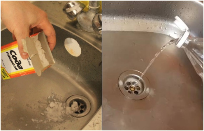 Насыпьте в мойку соду и залейте уксусом