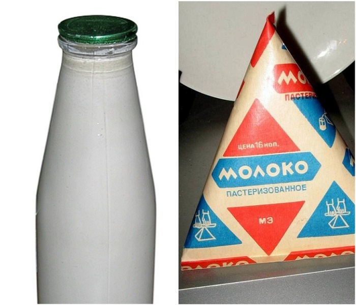 Бутылки с кефиром были с зелеными крышками, а молоко выпускалось в треугольных пакетах
