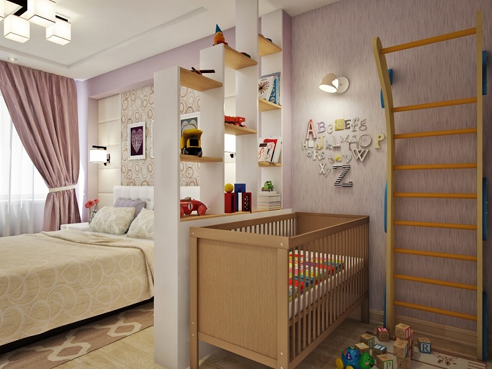 Спальню от детской можно отделить стеллажом. / Фото: vplate.ru