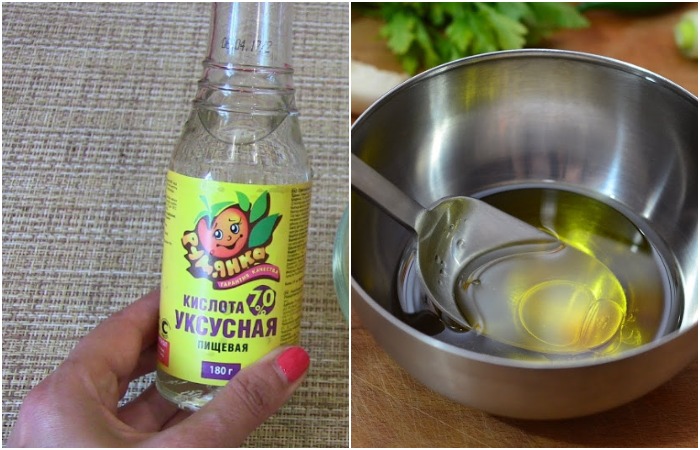 Налейте уксус в миску с растительным маслом