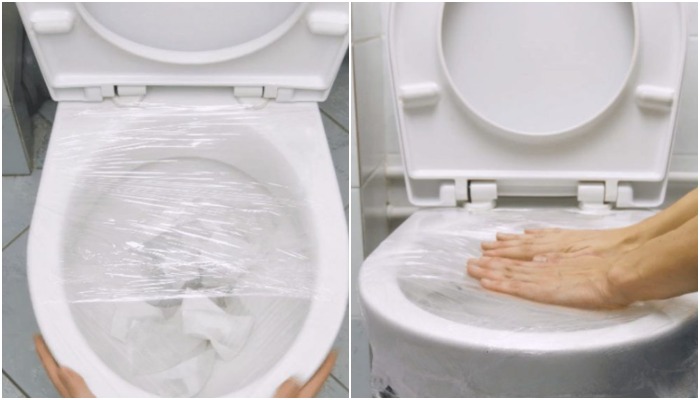 Накройте унитаз пищевой пленкой и спустите воду