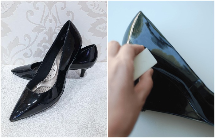 Ластик уберет царапины с черных лаковых туфель