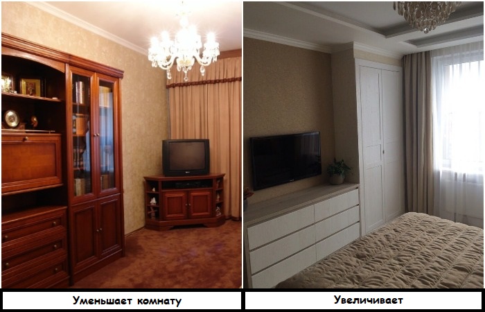 Светлая мебель не перегружает интерьер, в отличие от темной