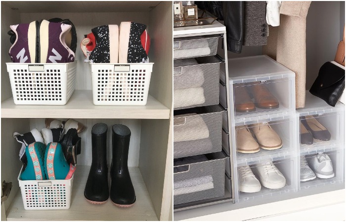 Обувь можно положить в открытые корзины или закрытые коробки