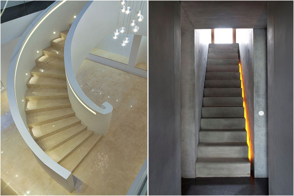 Акцентное освещение на разных лестницах смотрится по-разному