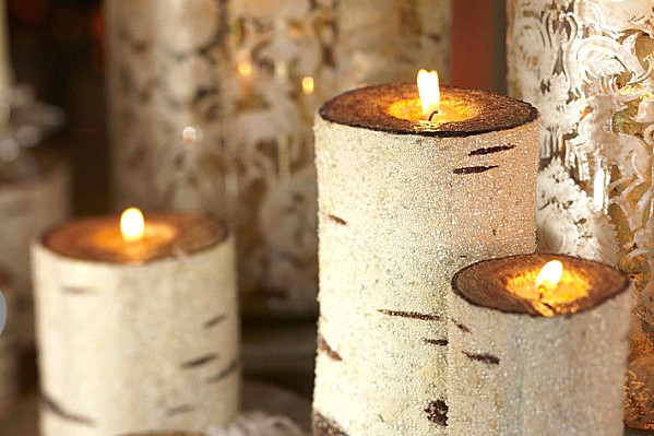 Свечи Beaded Birch Pillar Candles от Pottery Barn