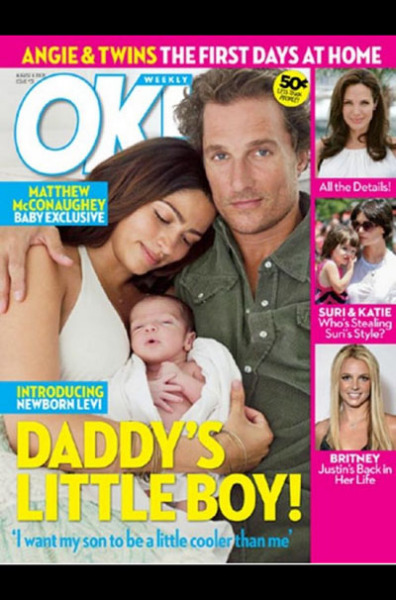 Обложка журнала «OK!»  с фотографией младенца Мэтью МакКонахи и Камилы Алвис