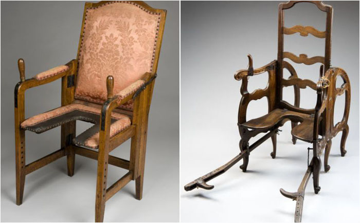Справа - кресло для родов, 1750-1850 гг, Европа