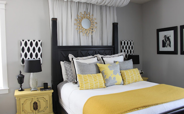 Серый и жёлтый в интерьере спальни