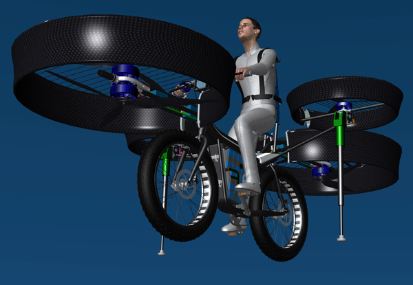 Flying Bike оснащен системой из четырех винтов, удерживающих его в воздухе