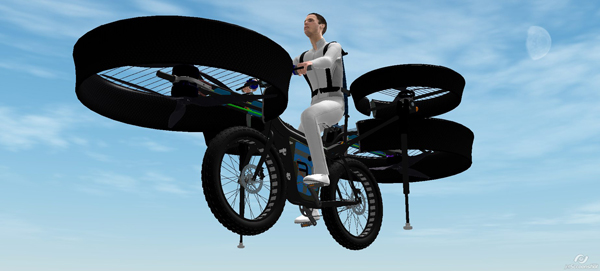 Flying Bike оснащен системой из четырех винтов, удерживающих его в воздухе
