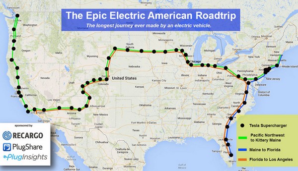 Трансамериканское путешествие на электромобиле Tesla Model S. Источник фото: roadtrip.plugshare.com
