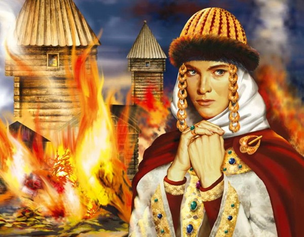 Княгиня Ольга на фоне горящего Искоростеня. Источник фото: fire-truck.ru