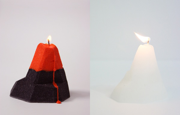 Оригинальные свечи в виде айсберга и вулкана.