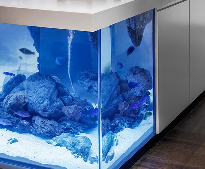 Огромный аквариум, встроенный в кухонный остров.