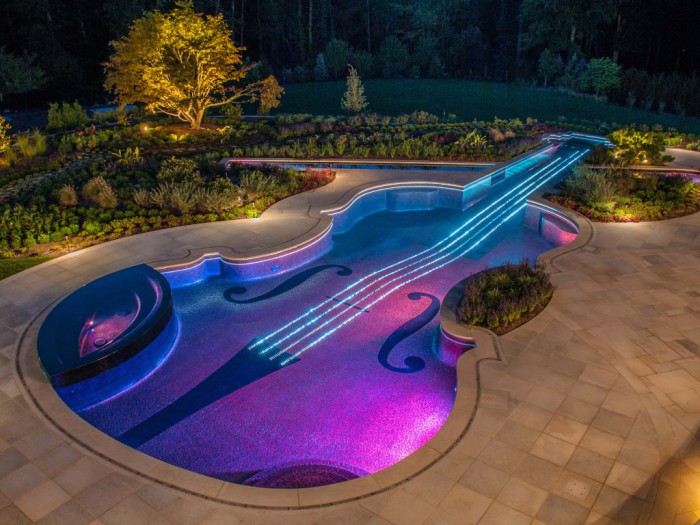 Необычный бассейн в форме музыкального инструмента.
