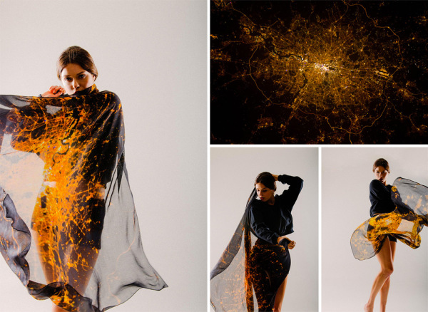 Женские платки с изображениями ночного неба Лондона, Парижа и Нью-Йорка.