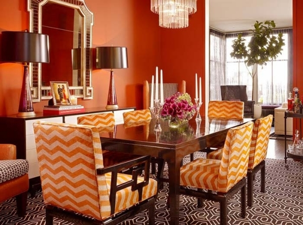 Уютный дизайн столовой в оранжевых тонах