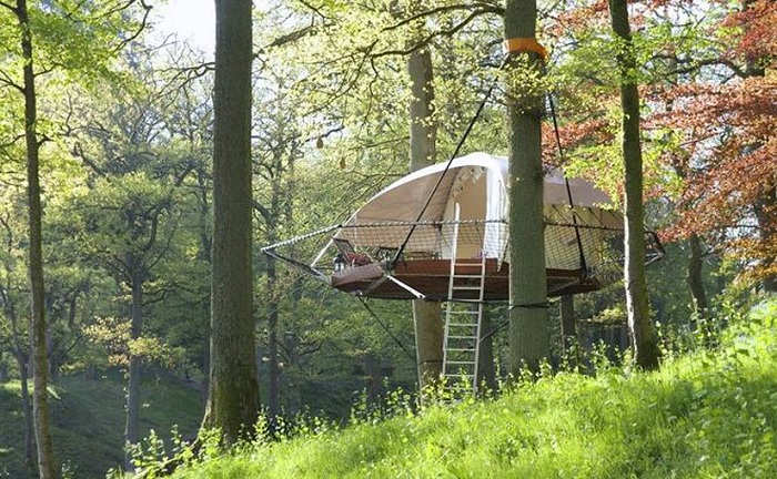Экстравагантная палатка, подвешенная между деревьев.