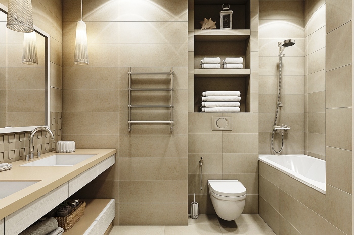 В просторной ванной комнате часто применяется прямоугольная декоративная плитка как наиболее практичный и современный материал.