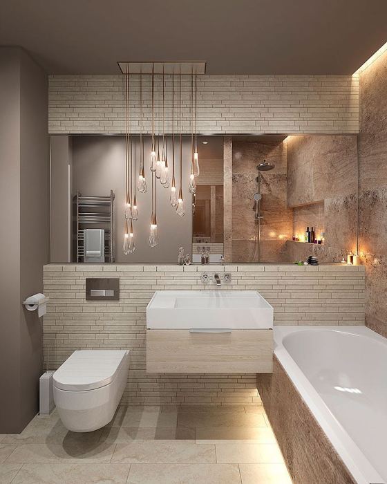 Сочетание серых и бежевых оттенков в интерьер ванной комнаты станет отличным решением для настоящих приверженцев классики.