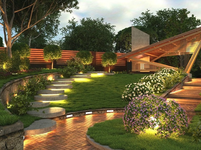 Красивые садовые дорожки, правильно подобранное освещения, минималистский стиль и натуральные материалы.