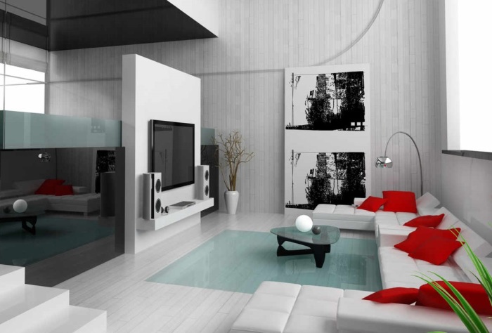 Изысканный интерьер гостиной комнаты в минималистском стиле с контрастными красными элементами.