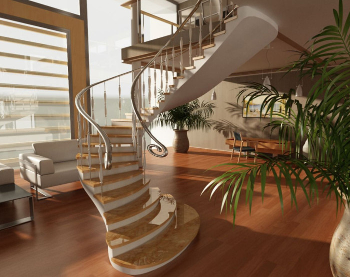 Очаровательная винтовая лестница из мрамора с тонкими хромированными металлическими перилами.