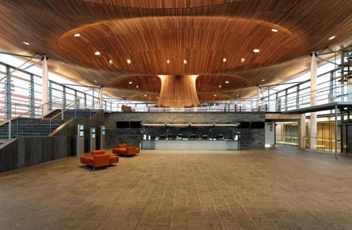 Ошеломляющий своим величием потолок в Национальной Ассамблее в Уэльсе.