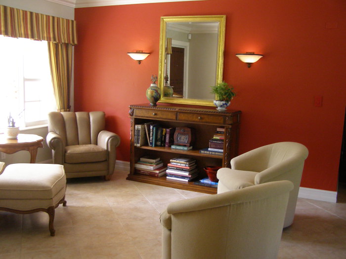 Яркий цвет стены подчеркнет стильность гостиной.