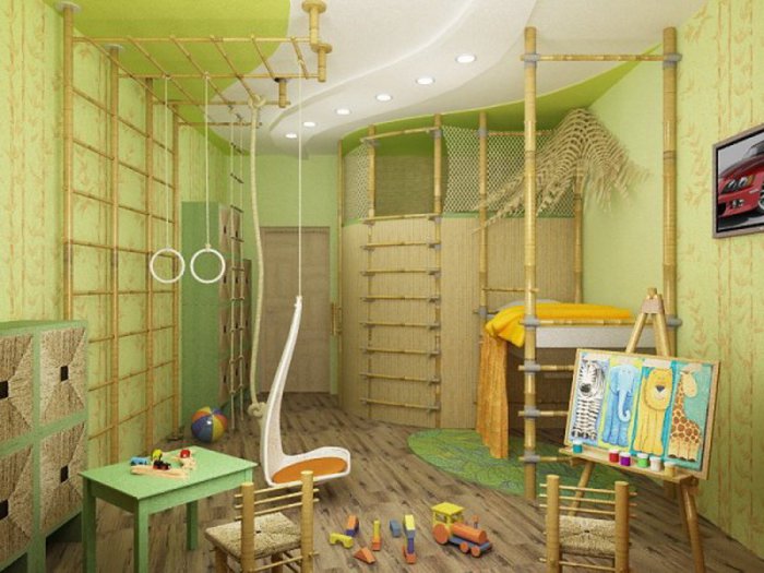 Детская комната, стилизованная под мир джунглей.