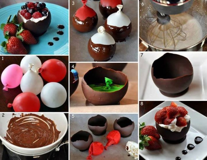 Пиалы для десертов из застывшего на шарике шоколада.
