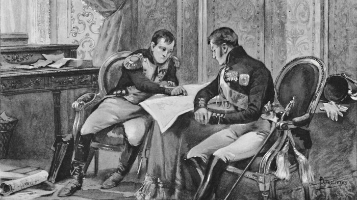 Наполеон показывает Александру на карте откуда готовилось нападение Англичанки. |Фото: rbth.com.