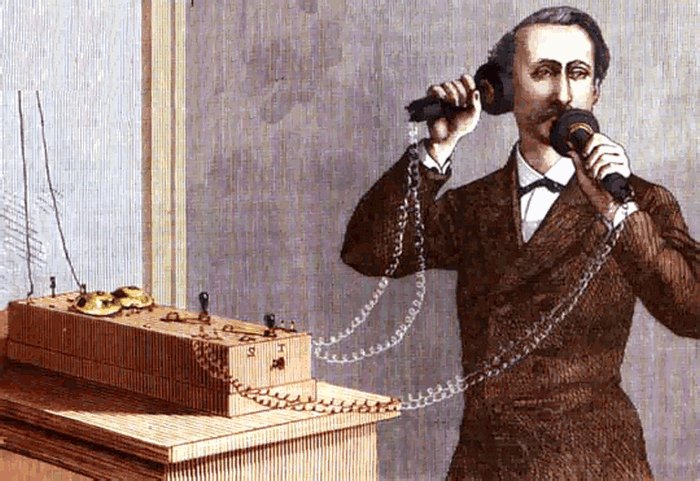 Демонстрация телефонного аппарата Белла в 1877 г.