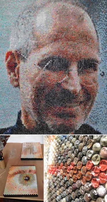 Фотореалистичных пиксельные портреты из пузырчатой пленки.