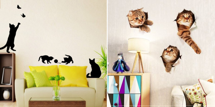 Необычные 3D-обои и декоративные элементы в виде кошек для украшения стен.