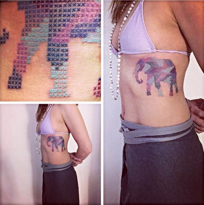 Оригинальная татуировка, напоминающая вышивку крестиком, в виде слона от турецкого мастера Eva Krbdk.