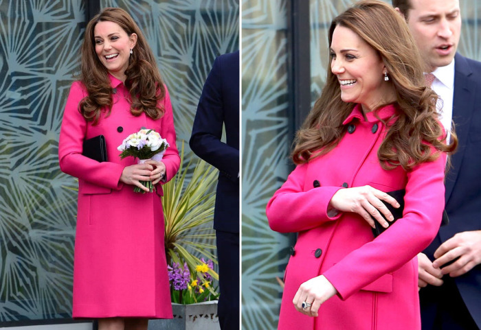 Кейт Миддлтон в ярко-розовом пальто от известного английского бренда «Mulberry».