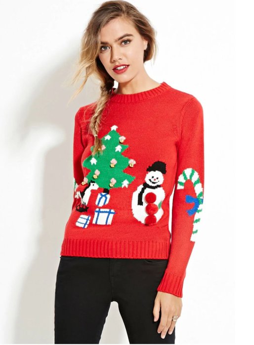 Ярко-красный новогодний свитер «Holiday Graphic» с изображением нарядной елки, снеговика, подарков и рождественских леденцов от известного американского бренда «Forever 21». Цена - 25 долларов.