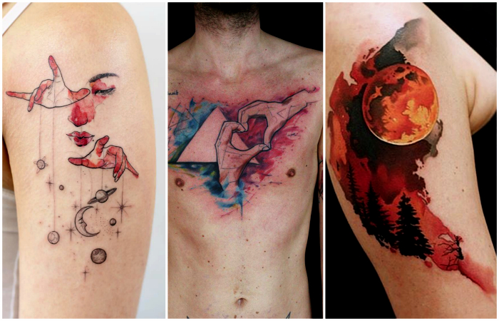Креативные акварельные татуировки для мужчин и женщин.