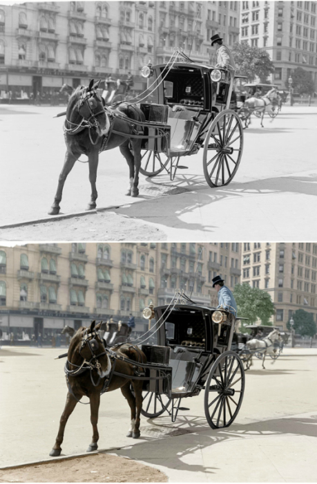 Симпатичный водитель кареты на улице Нью-Йорка в 1900 году.